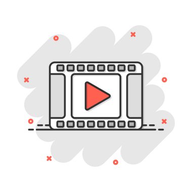 Çizgi roman tarzında vektör çizgi film çalma düğmesi simgesi. Video işareti resimli resim oynat. Medya paneli iş sıçrama etkisi konsepti.