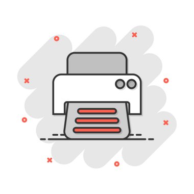 Çizgi roman tarzında vektör karikatür yazıcı simgesi. Belge yazdırma işareti resimli çizim. Yazıcı işletme sıçrama etkisi konsepti.