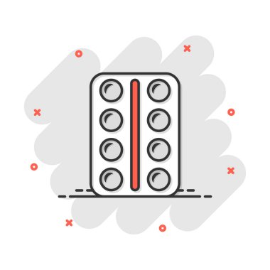 Çizgi roman tarzında vektör çizgi film hapı ikonu. Tablet konsepti resimli resim. Kapsül tıbbi iş sıçrama etkisi konsepti.