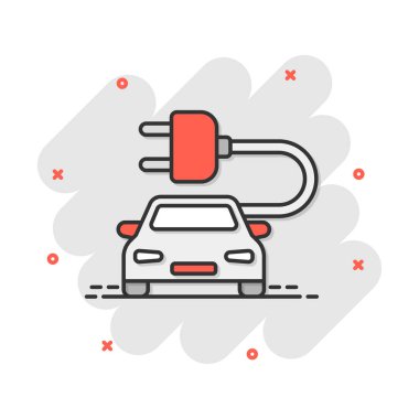 Vektör karikatür elektro araba ikonu. Elektrikli otomobil resimli resim. Ekoloji otomobili sıçrama etkisi konsepti.