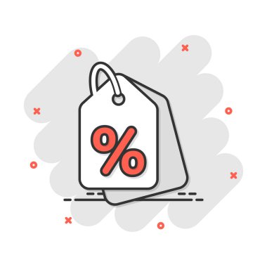 Vektör karikatür indirim etiketi simgesi çizgi roman tarzı alışveriş. Kupon yüzdesi konsept illüstrasyon piktogram indirim. Dükkanı rozet splash etkisi kavramı.