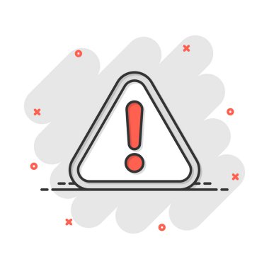 Çizgi roman tarzında ünlem işareti simgesi. Tehlike Uyarı Vektörü karikatür çizimi resim grafiği. Tedbir riski iş konsepti sıçrama etkisi.