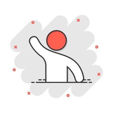 İnsanlar el kaldırma ikonunu komik bir şekilde selamlıyorlar. Kişinin jest vektör karikatür resimleme grafiği. Halkın lideri iş konsepti sıçrama etkisi.