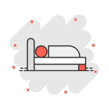 Çizgi roman tarzı yatak simgesi. Yatak odası vektör çizgi film illüstrasyon piktogram uyku. Kanepe iş kavramı splash etkisi sakin ol.