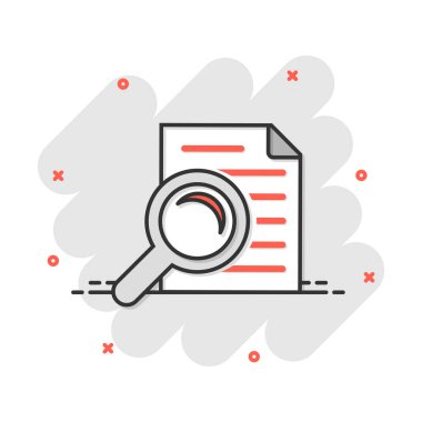 Çizgi roman tarzında incelenen belge planı simgesi. Açıklama vektör çizim resimlemesini gözden geçir. Yükseltici loupe iş konsepti sıçrama efekti içeren belge.