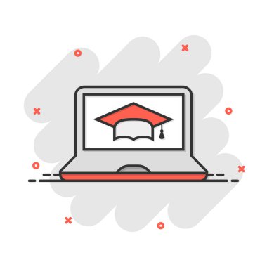 Çizgi roman tarzında eğitim ikonu. Çizgi film resimlerini incele. Dizüstü bilgisayar çevrimiçi eğitim işi konsepti sıçrama efekti.