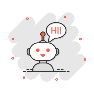 Çizgi roman tarzında sevimli robot sohbet robotu ikonu. Robot operatör vektör karikatür resimli resim. Akıllı sohbet robotu karakter iş konsepti sıçrama efekti.