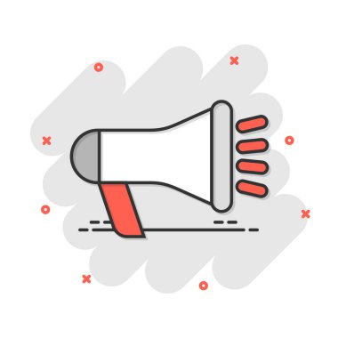 Çizgi roman tarzında megafon hoparlörü ikonu. Bullhorn ses duyurusu vektör çizim resimli çizim. Megafon yayın işi konsepti sıçrama etkisi.