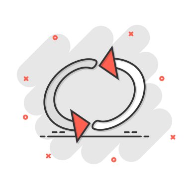 Çizgi roman tarzında ok döndürme simgesi. Beyaz izole edilmiş arkaplanda aksiyon vektör çizimi eşzamanla. Tazeleme düğmesi iş konsepti sıçrama etkisi.