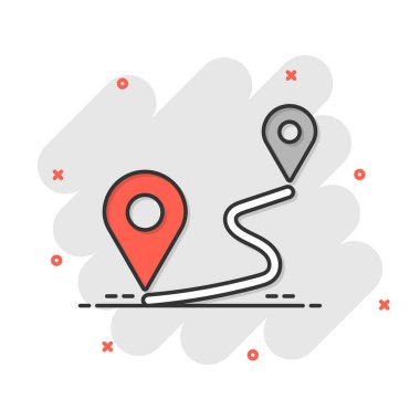 Çizgi roman tarzında uzaklık simgesi. Gps navigasyon vektör karikatür çizimi beyaz izole arka planda. İletişim seyahati iş konsepti sıçrama etkisi.