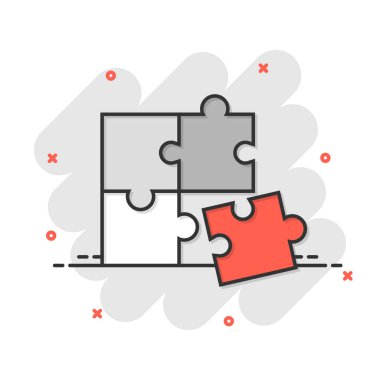 Çizgi roman tarzında yapboz uyumlu simgesi. Beyaz izole edilmiş arka planda Jigsaw antlaşması vektör çizimi. İşbirliği çözüm iş konsepti sıçrama etkisi.