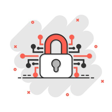 Çizgi roman tarzında siber güvenlik simgesi. Asma kilit, beyaz izole arkaplan üzerindeki vektör çizimine kilitlendi. Kapalı parola iş konsepti sıçrama efekti.