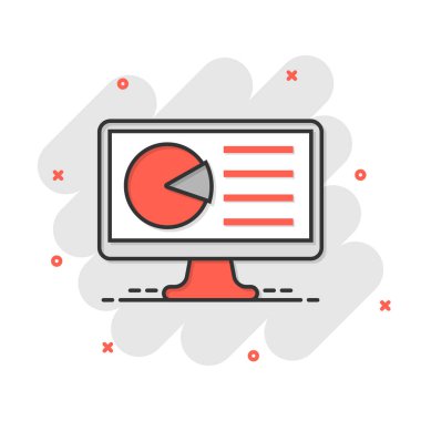 Çizgi roman tarzında analitik monitör simgesi. Beyaz izole arkaplanda diyagram vektör çizimi. İstatistiksel iş konsepti sıçrama etkisi.