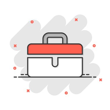 Çizgi roman tarzında evrak çantası simgesi. Beyaz izole arkaplanda bavul vektör karikatür çizimi. Bagaj işi konsepti sıçrama efekti.