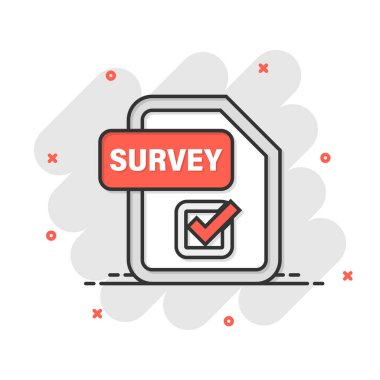 Çizgi roman biçiminde onay listesi belge simgesi. Beyaz izole edilmiş arkaplanda anket vektör çizimi. İşaret pankartı iş konsepti sıçrama efektini kontrol et.