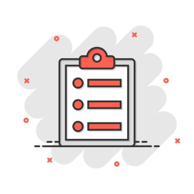 Çizgi roman biçiminde onay listesi belge simgesi. Beyaz izole edilmiş arkaplanda anket vektör çizimi. İşaret pankartı iş konsepti sıçrama efektini kontrol et.