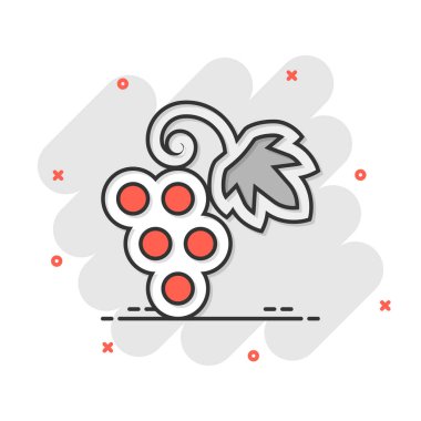 Üzüm meyveleri çizgi roman tarzında işaret simgesi. Beyaz izole edilmiş arkaplanda asma vektör karikatür çizimi. Şarap üzümü iş konsepti sıçrama etkisi.