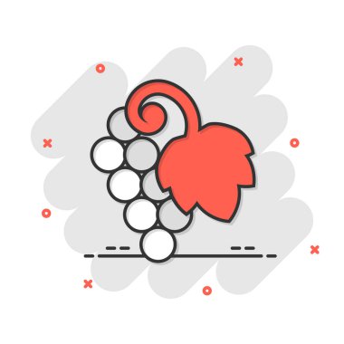 Üzüm meyveleri çizgi roman tarzında işaret simgesi. Beyaz izole edilmiş arkaplanda asma vektör karikatür çizimi. Şarap üzümü iş konsepti sıçrama etkisi.