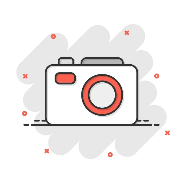 コミックスタイルのカメラデバイスのサインアイコン 白い隔離された背景の写真ベクトル漫画のイラスト カム機器事業コンセプトスプラッシュ効果 — ストックベクタ