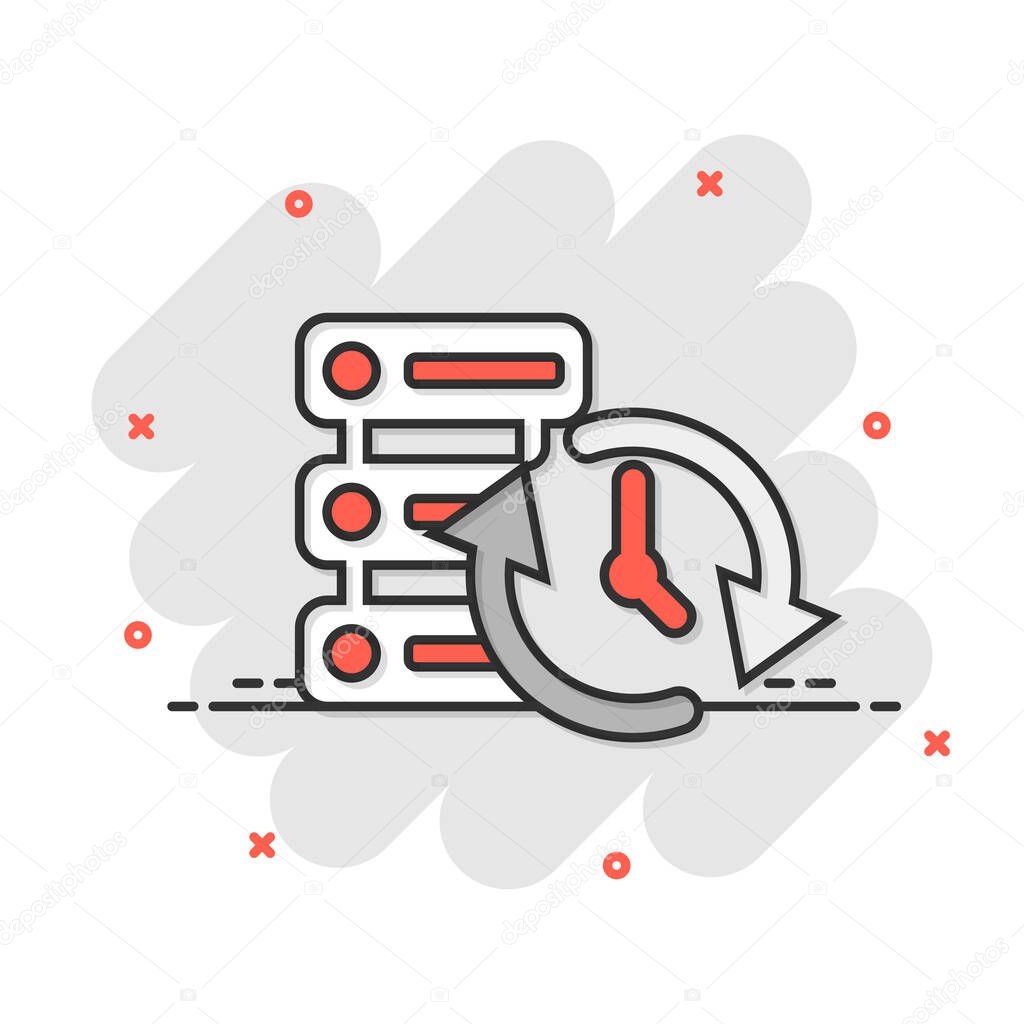 Data center icon in comic style. Clock vector cartoon illustration on white isolated background. Watch business concept splash effect.