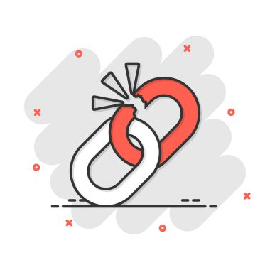 Çizgi roman tarzında kırık zincir simgesi. Beyaz izole edilmiş arkaplanda bağlantı vektör çiziminin bağlantısını kes. İş kavramının sıçrama efektini kaldır.