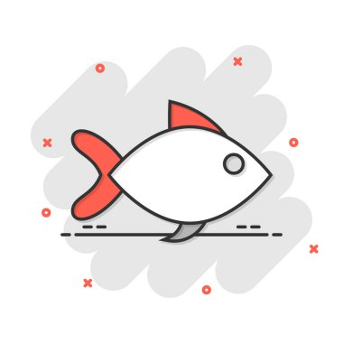 Çizgi roman tarzında balık işareti simgesi. Beyaz izole edilmiş arka planda Japon balığı vektör çizimi. Deniz ürünleri iş konsepti sıçrama etkisi.