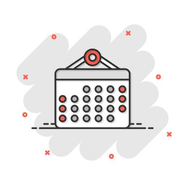 Çizgi roman biçiminde takvim düzenleyici simgesi. Beyaz izole edilmiş arka planda randevu olayı vektör çizimi çizimi. Son teslim tarihi iş konsepti sıçrama etkisi.