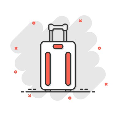 Çizgi roman tarzında seyahat çantası ikonu. Beyaz izole edilmiş arka planda bavul vektör çizimi. Bagaj sıçrama etkisi iş konsepti.