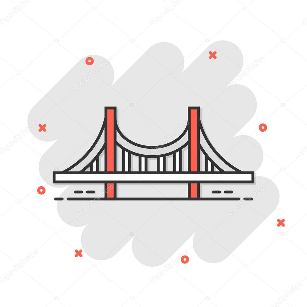 Bridge sign icon in comic style. Drawbridge vector cartoon illustration on white isolated background. Road business concept splash effect.