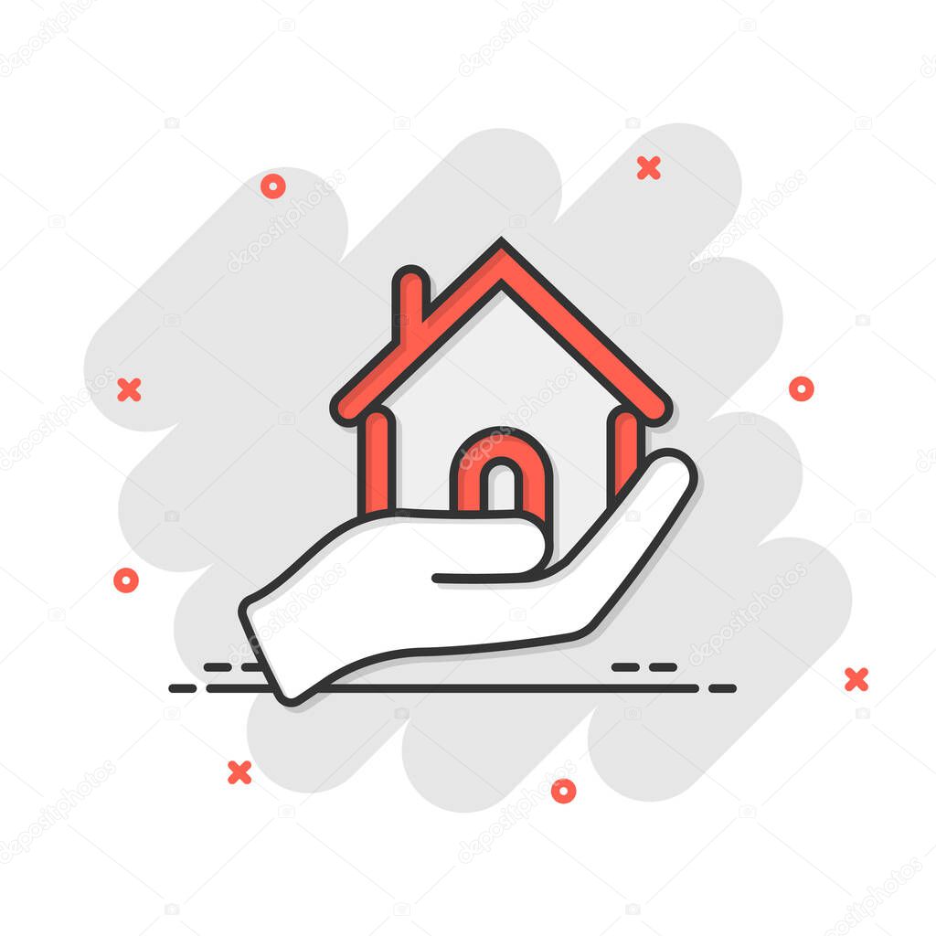 Home care icon in comic style. Hand hold house vector cartoon illustration on white isolated background. Building quality business concept splash effect.