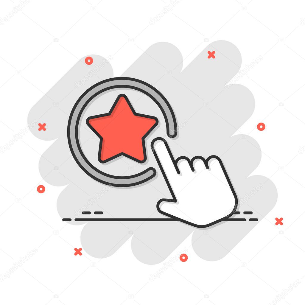 Click loyalty card icon in comic style. Hand on reward cartoon vector illustration on white isolated background. Discount splash effect business concept.