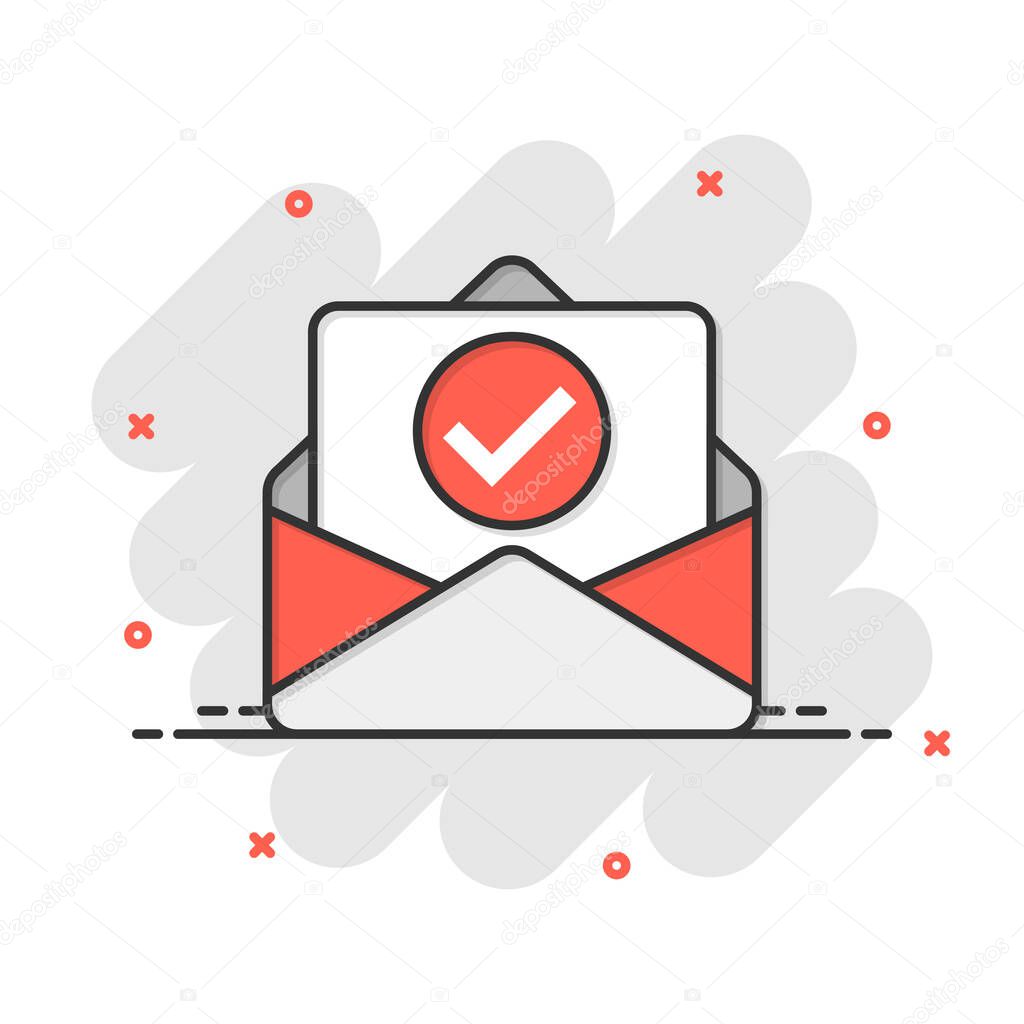 Envelope with confirmed document icon in comic style. Verify cartoon vector illustration on white isolated background. Receive splash effect business concept.