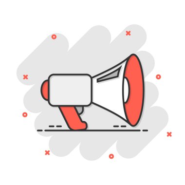 Çizgi roman tarzında megafon hoparlörü ikonu. Beyaz izole arka planda Bullhorn vektör çizimi. Çığlık duyurusu iş konsepti sıçrama etkisi.