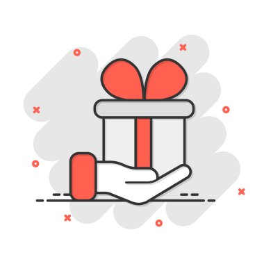 Çizgi roman tarzında hediye kutusu simgesi. Beyaz izole edilmiş arka planda el çizimi vektör çiziminde mevcut. Sürpriz sıçrama etkisi iş konsepti.