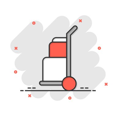 Çizgi roman tarzında bir yük arabası ikonu. Kargo kutusu karikatür vektör çizimi beyaz izole arka planda. Kutu taşımacılığı sıçrama etkisi iş konsepti.