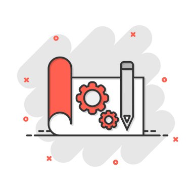 Çizgi roman tarzında prototip simgesi. Beyaz izole edilmiş arkaplanda başlangıç çizgi filmi vektör illüstrasyonu. Model geliştirme sıçrama etkisi iş konsepti.