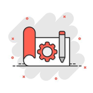 Çizgi roman tarzında prototip simgesi. Beyaz izole edilmiş arkaplanda başlangıç çizgi filmi vektör illüstrasyonu. Model geliştirme sıçrama etkisi iş konsepti.