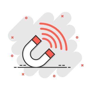 Mıknatıs simgesi. Beyaz izole arkaplanda çizgi film vektör illüstrasyonunu göster. Elektromanyetik sıçrama etkisi iş konsepti.