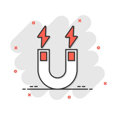 Mıknatıs simgesi. Beyaz izole arkaplanda çizgi film vektör illüstrasyonunu göster. Elektromanyetik sıçrama etkisi iş konsepti.