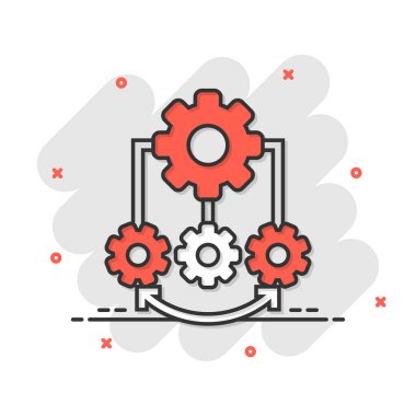 Çizgi roman tarzında gelişme simgesi. Beyaz izole edilmiş arkaplanda vites projesi karikatür vektör çizimi. Üretkenlik, iş dünyasının etkisini artırıyor.