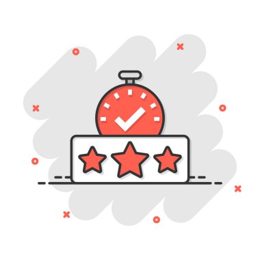 Çizgi roman tarzında sonuç simgesi. Beyaz izole edilmiş arka planda yıldız çizgi film vektör çizimi olan saat. Memnuniyet su sıçratma etkisi iş kavramı.