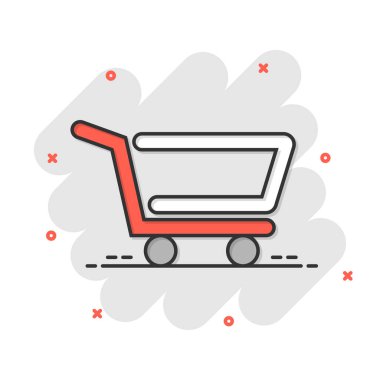 Çizgi roman tarzında alışveriş arabası ikonu. Beyaz izole edilmiş arka planda Tramvay karikatür çizimi. Sepet sıçrama etkisi iş konsepti.