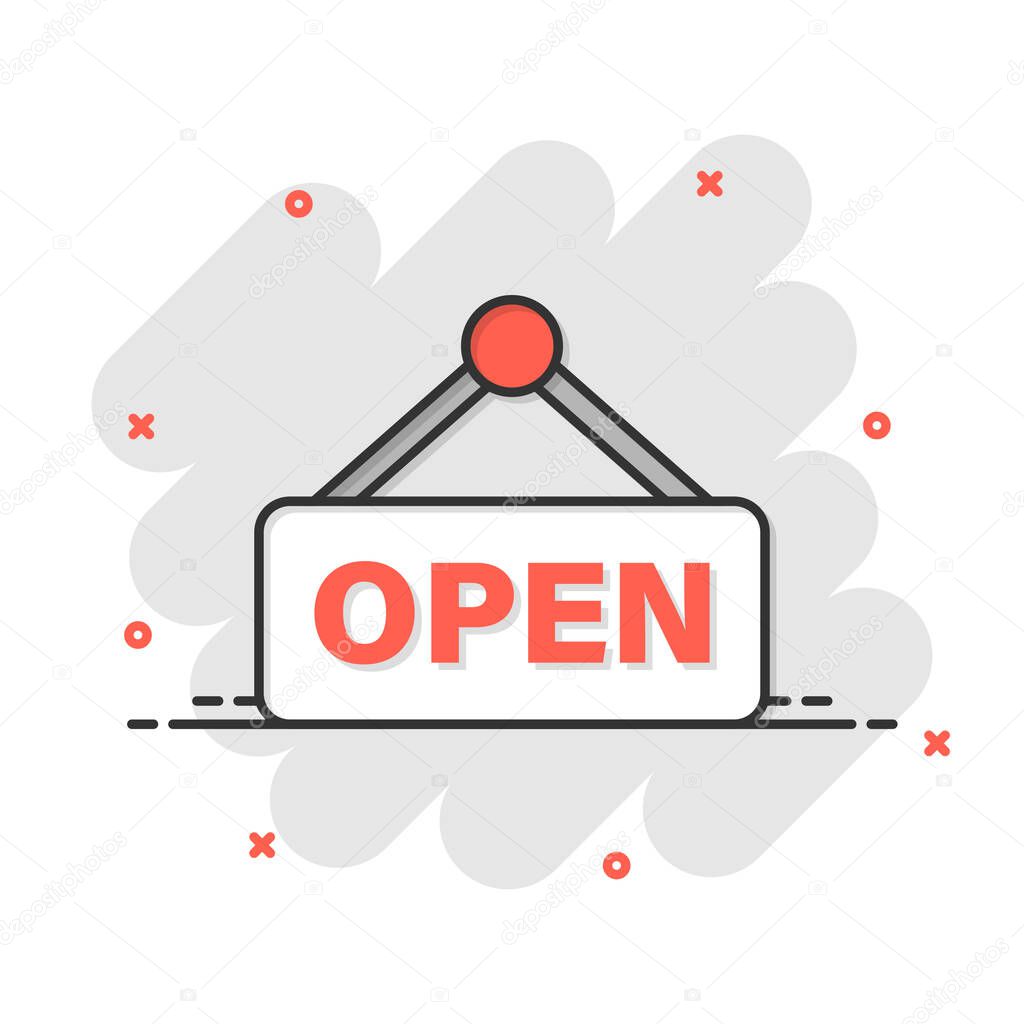 Open sign icon in comic style. Accessibility cartoon vector illustration on white isolated background. Message splash effect business concept.