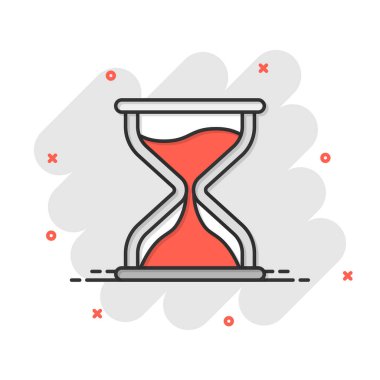 Çizgi roman tarzında kum saati simgesi. Beyaz izole edilmiş arka planda kum camı çizimi. Saat sıçrama etkisi iş konsepti.