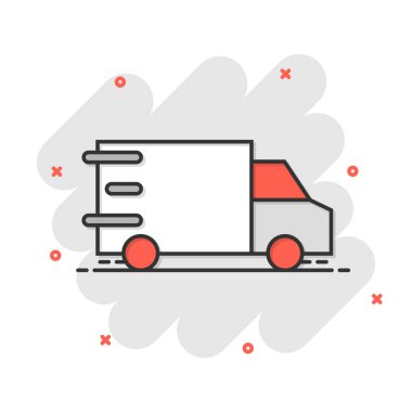 Çizgi roman tarzında bir kamyon ikonu. Beyaz izole arkaplanda otomatik dağıtım vektör çizimi. Kamyon otomobili sıçrama etkisi iş konsepti.