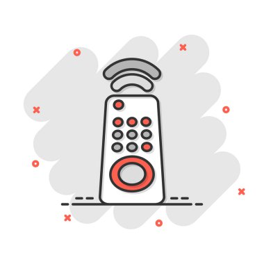 Çizgi roman tarzında uzaktan kumanda simgesi. Beyaz izole edilmiş arka planda televizyon çizgi film işaret vektör illüstrasyonu. Yayın sıçrama etkisi iş konsepti.