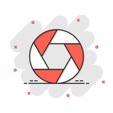 Kamera diyaframı simgesi komik bir şekilde. Beyaz izole edilmiş arka planda mercek işaret vektör çizimi. Fotoğraf çekimi sıçrama efekti iş konsepti.