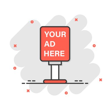 Çizgi roman tarzında ilan panosu simgesi. Beyaz izole arkaplanda şehir ışığı karikatür vektör çizimi. Pankart sıçrama etkisi iş konsepti.