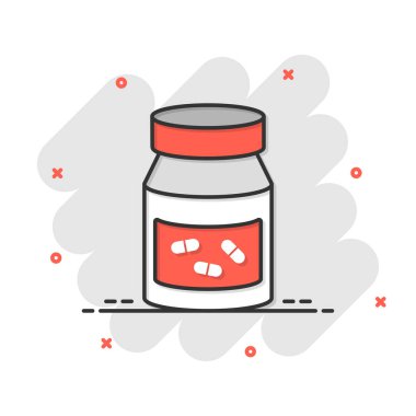 Komedi tarzında hap şişesi ikonu. Beyaz izole edilmiş arka planda uyuşturucu karikatürü vektör çizimi. Eczane su sıçratma etkisi iş konsepti.