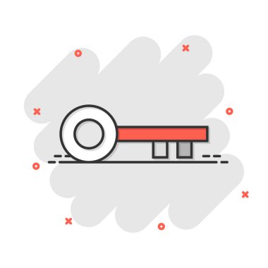 Çizgi roman tarzında anahtar simge. Beyaz izole edilmiş arkaplanda parola çizimi. Sıçrama etkisi iş konseptine erişim.